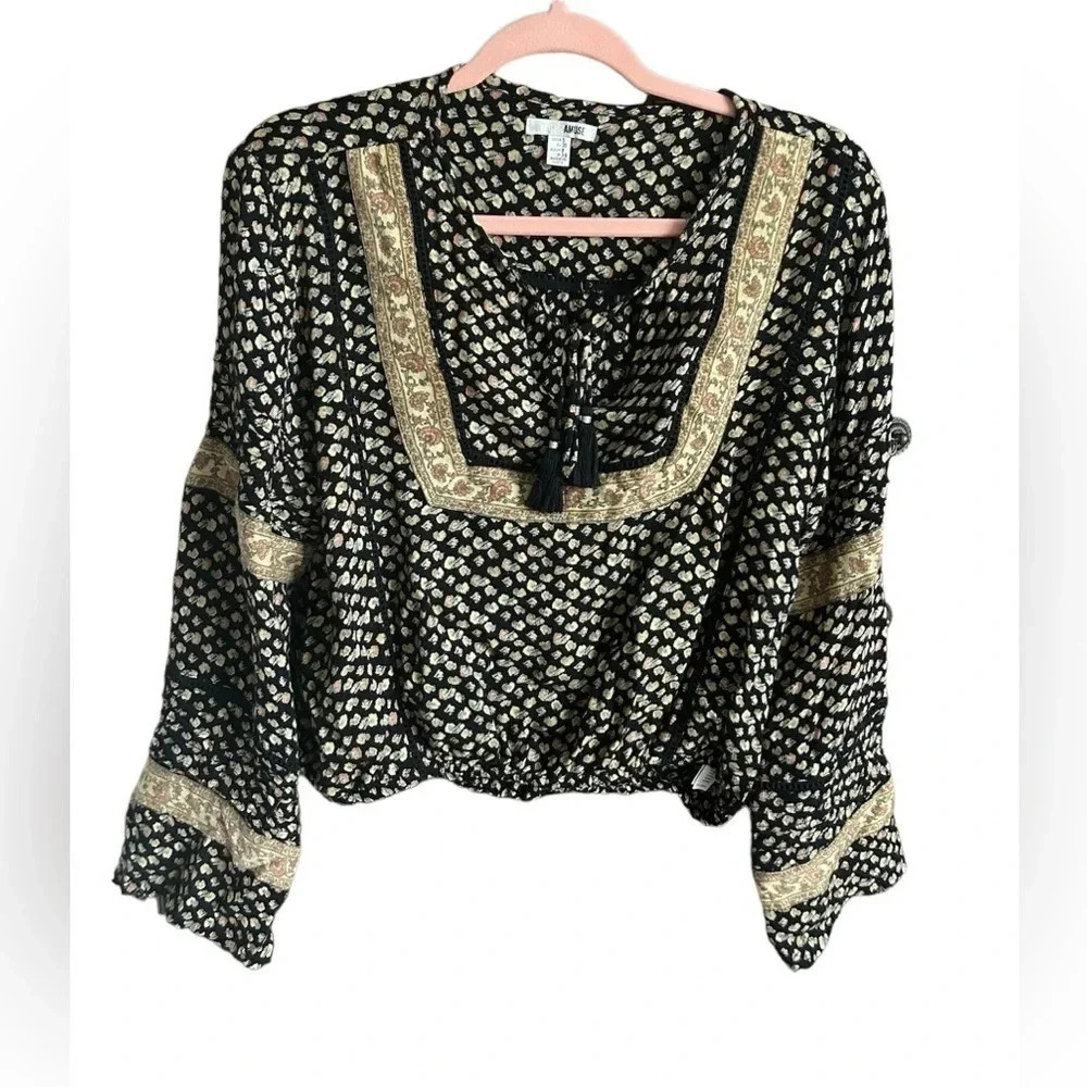 Amuse Society Black Floral Border Bell Sleeve Tassel Blouse Whimsigoth Small - Picture 3 of 4